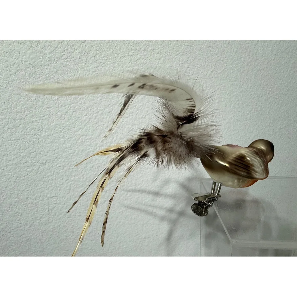 Vtg Painted Multicolor Glass Bird ClipOn Christmas Ornament Feather Tail 7.5 Inc